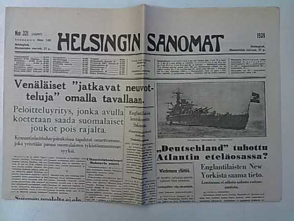 Helsingin Sanomat 1939 N:o 321 27.11.1939 Venäläiset jatkavat neuvotteluja omalla tavallaan, 